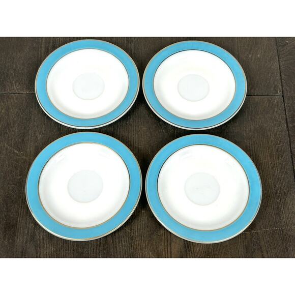 4 Vintage Pyrex Saucers Plates Turquoise Blue Band Milk Glass W/ Gold Trim 6" - Picture 2 of 8